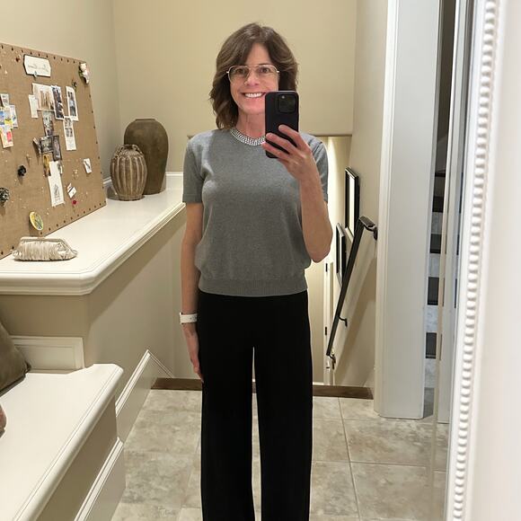 VALENTINO Rhinestone Embellished Short Sleeve Crop Knit Sweater In Grey L - Picture 5 of 15